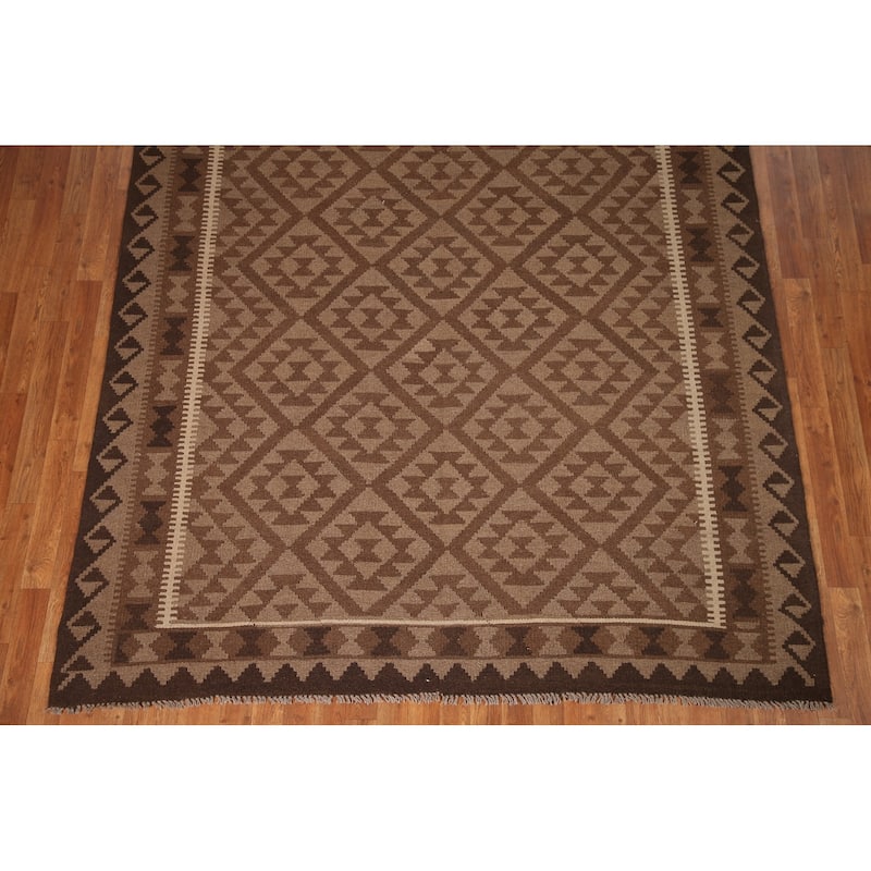 Brown Kilim Oriental Rug Flat-weave Reversible Geometric Wool Carpet - 6'9" x 9'6"