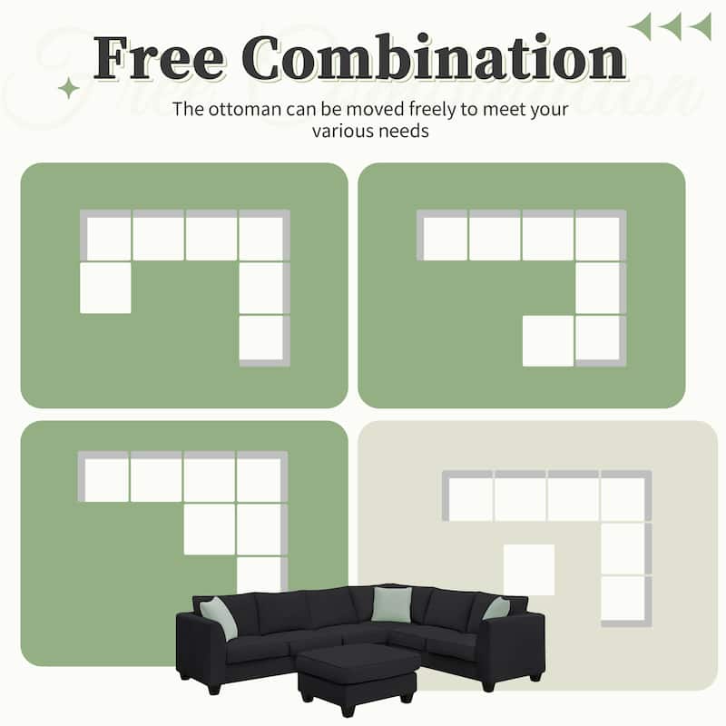 Black 112'' Spacious L-Shaped 7-Seat Modular Sectional Sofa with Ottoman and 3 Pillows, Sturdy Wood and Metal Frame