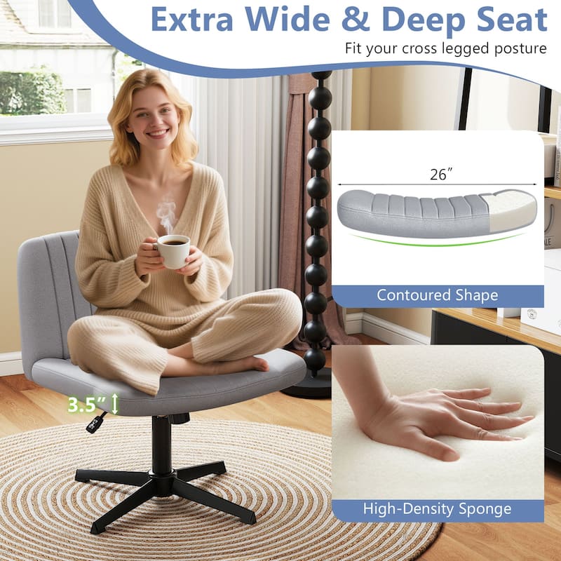 26" Wide Cross-Legged Chair with Linen Upholstery and Adjustable Height Rocking Swivel Function - 26" x 26" x 29.5"-34.5"