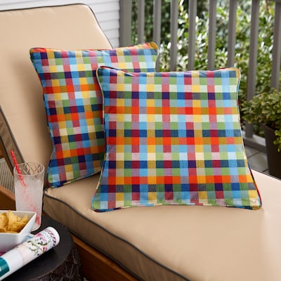 Sorra Home Sunbrella Multi-Colored Check Indoor/Outdoor Corded Square Pillows (Set of 2)