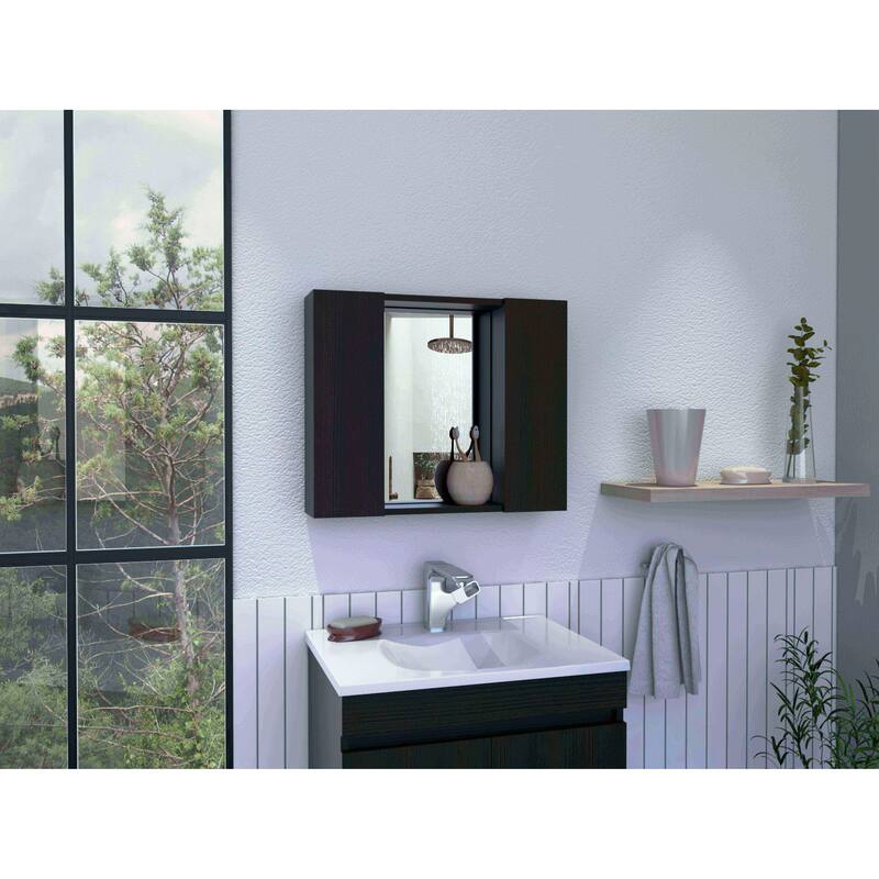 Wengue 1-Drawer Medicine Cabinet with Mirror, 7 Shelves, 2 Doors, Black Wengue Finish, Bathroom Storage Solution
