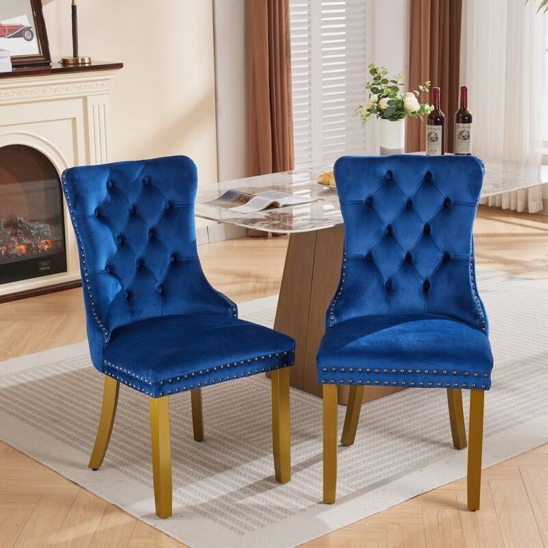 Velvet Dining Chairs Set of 2, Tufted Dining Chairs with Nailhead Trim, Kitchen Chairs with Lion Head Pulls Ring & Wooden Legs