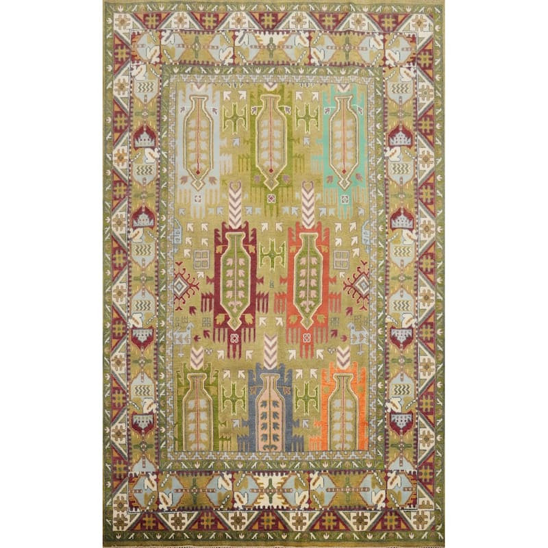 Hand Knotted Oriental 100% Wool Carpet Traditional Geometric Green Kazak Area Rug - 11' 10'' X 8' 11''