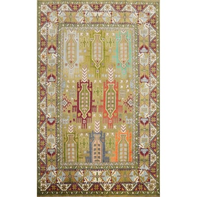 Hand Knotted Oriental 100% Wool Carpet Traditional Geometric Green Kazak Area Rug - 11' 10'' X 8' 11''