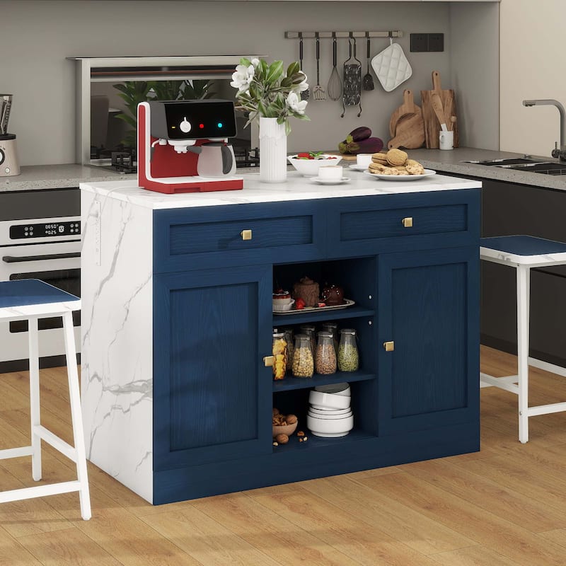 Moasis Modern Kitchen Furniture with Power Outlets, Kitchen Cabinet with Functional Design and White Marble Finish