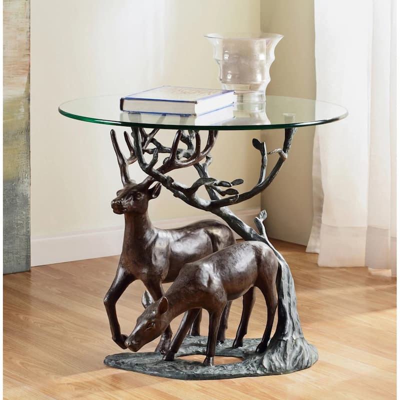 Aluminum / Glass Deer Pair End Table 24 Inch Diameter - 24.5 X 24 X 24 inches