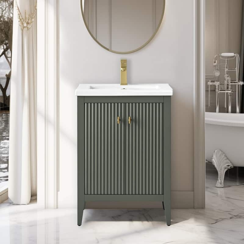 Vanity Art 24" Single Sink Bathroom Vanity Cabinet with Ceramic Top - 24"/Golden Brushed Handle - Linear Vintage Green