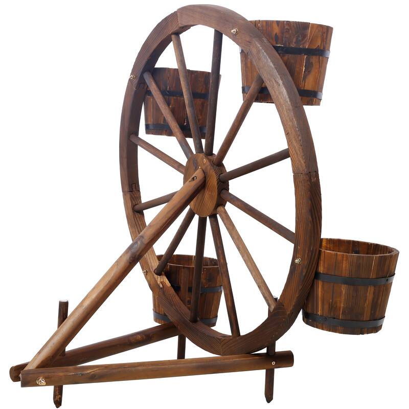 Wood wagon wheel barrel planter, Wagon Wheel Barrel Planter Display
