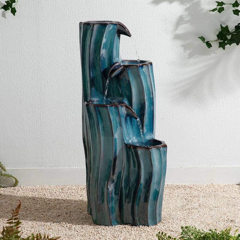Glitzhome 29.5"H 4-Tiered Wavy Textured Outdoor Ceramic Floor Fountain with LED Light