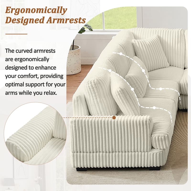 U-Shaped Sectional Sofa with Chaise Lounge, Oversized Corduroy Upholstered Sofa, 5 Seater Sofa with Removable Throw Pillows