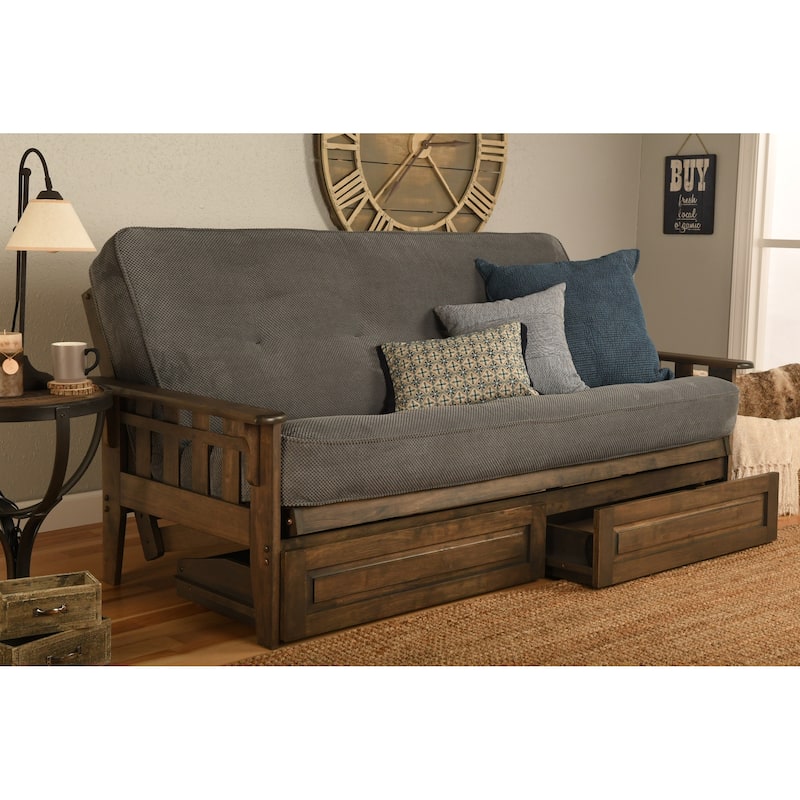 Somette Tucson Full Size Futon Set in Rustic Walnut Finish with Storage Drawers and Mattress - Marmont Thunder
