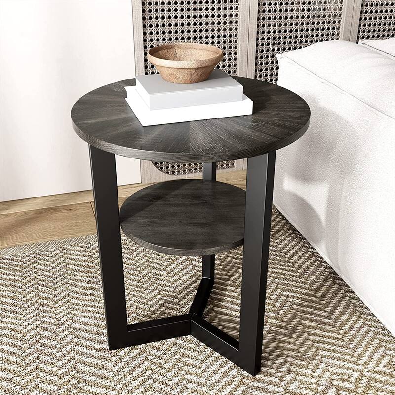 Round Coffee Table with Solid Wood Storage Circle Center Table - End Table - Black