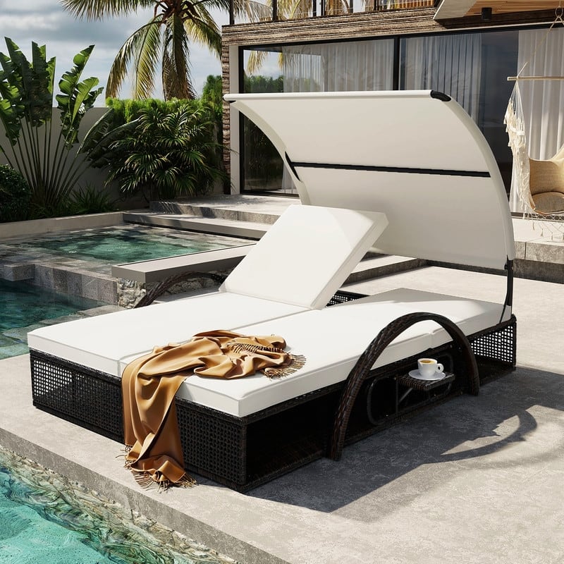 Wicker/Ratten Patio Double Sunbed, Outdoor Sun Lounger with Adjustable Backrest and Hidden Side Table