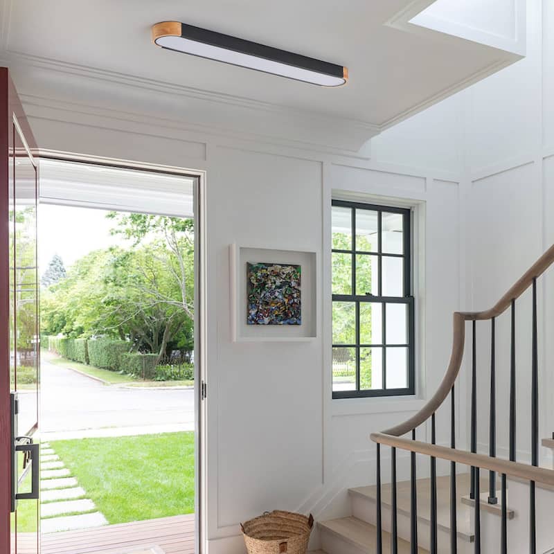 Modern Wood Grain Linear Flush Mount Ceiling Light Matte Black LED Fixture for Bedroom Living Room Kitchen - N/A