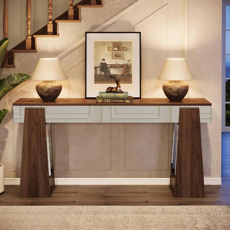 63 Inches Brown Wood Mirrored Console Table with Heavy-Duty Legs, Entryway Table for Hallway