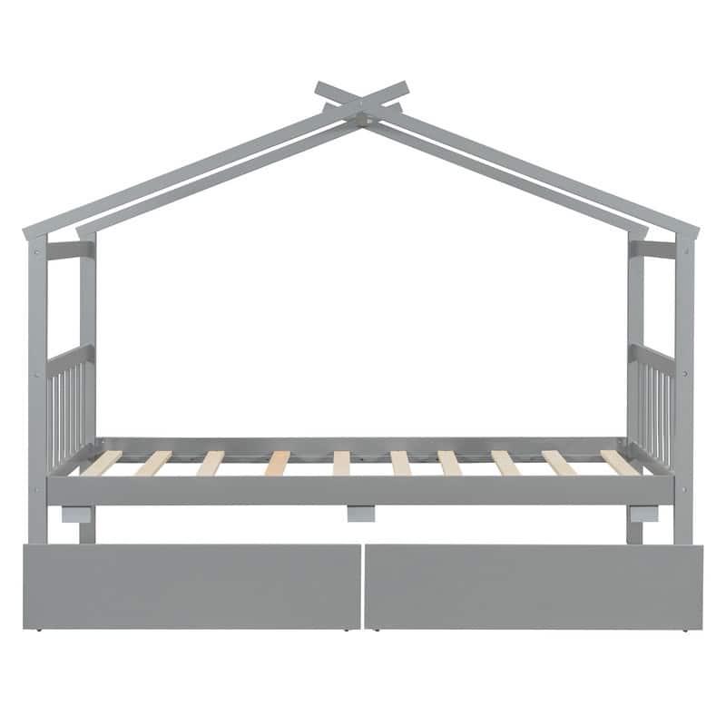 Twin Size Wooden House Bed with 2 Drawers