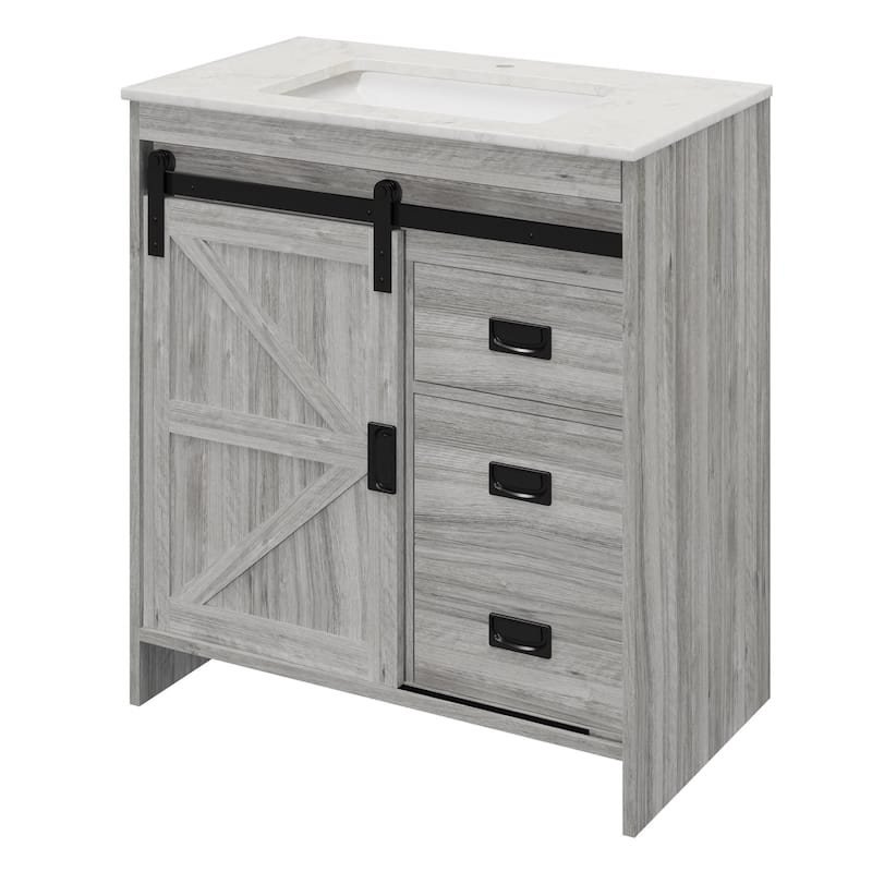 EROMMY Farmhouse Bathroom Vanity with Ceramic Top and Sliding Barn Door Sink Cabinet, Rustic Single Sink Vanity