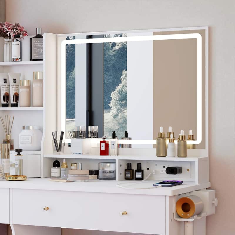 Makeup Vanity with Lighted Mirror, 41" Dressing Table with Charging Station, Cushioned Stool & Storage Drawer