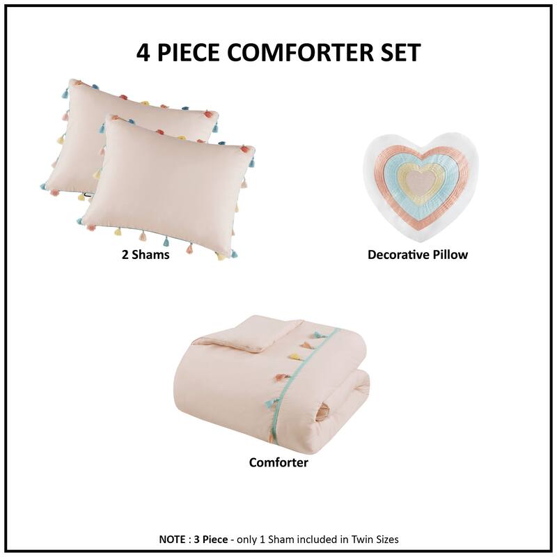 Intelligent Design Kids Tanya Tassel Comforter Set with Heart Shaped Throw Pillow