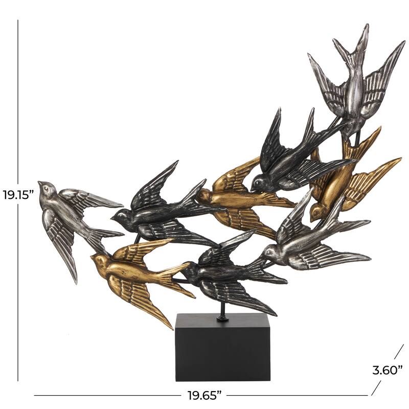 Black Metal Metallic Flying Bird Decorative Sculpture with Black Block Base