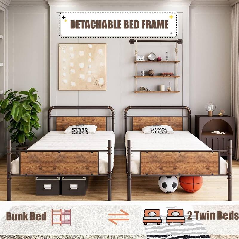 Twin Over Twin Metal Bunk Bed with Guardrails & Ladder, Convertible Heavy Duty Frame for Kids & Adults