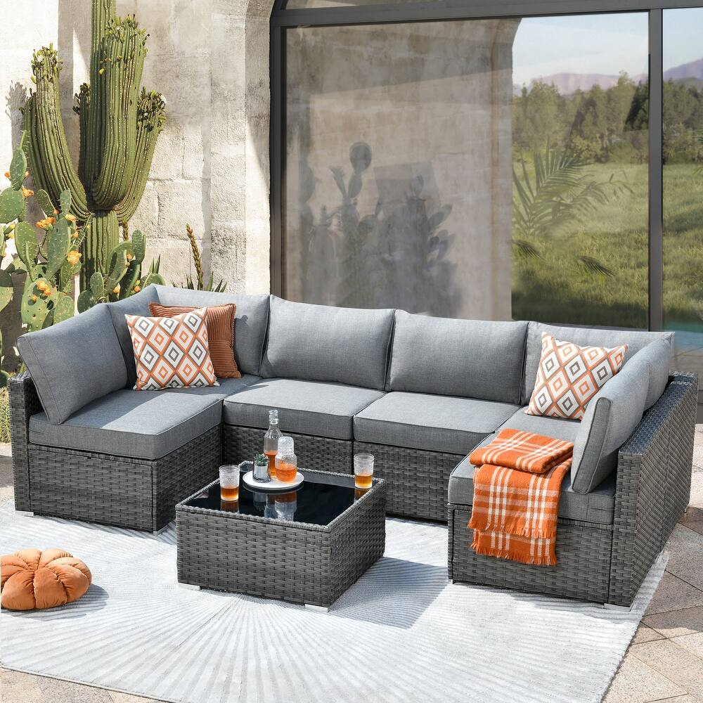 HOOOWOOO 7-piece Grey Rattan Wicker Outdoor Furniture Sectional Set