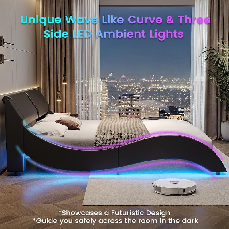 Bed Frame with Headboard Charging Ports Low Profile Platform Bed LED Lights Wave Curve
