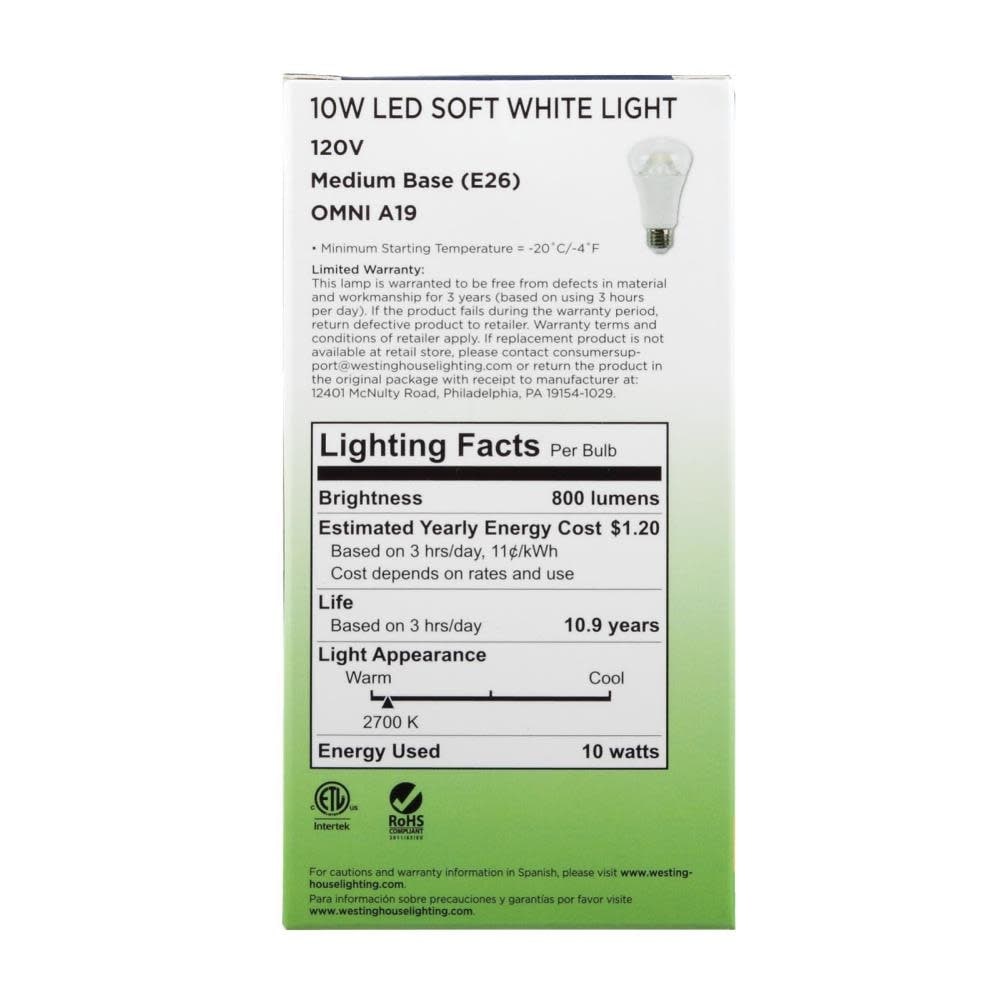 Replaces 60W A19 Soft White LED Light Bulb with Medium Base Westinghouse Lighting 0513900 10W