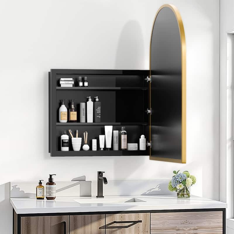 Arched Bathroom Medicine Cabinet with Mirror Metal Framed Wall Mounted Recessed Cabinets for Bathroom Vanity