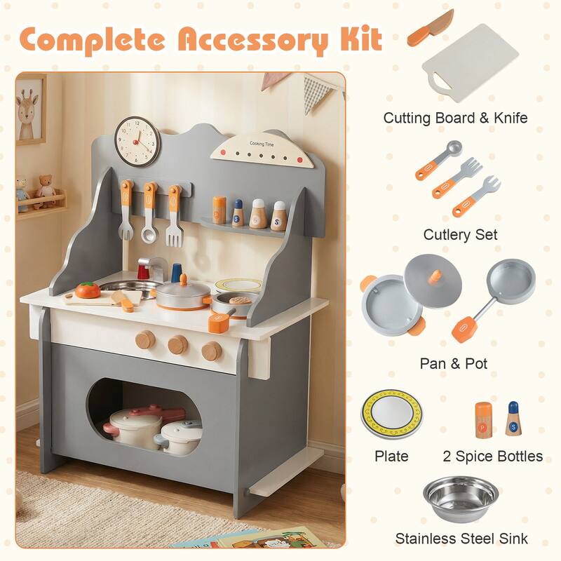 Gymax Pretend Play Toy Kitchen Set w/Clock Stove Spice Rack Faucet &