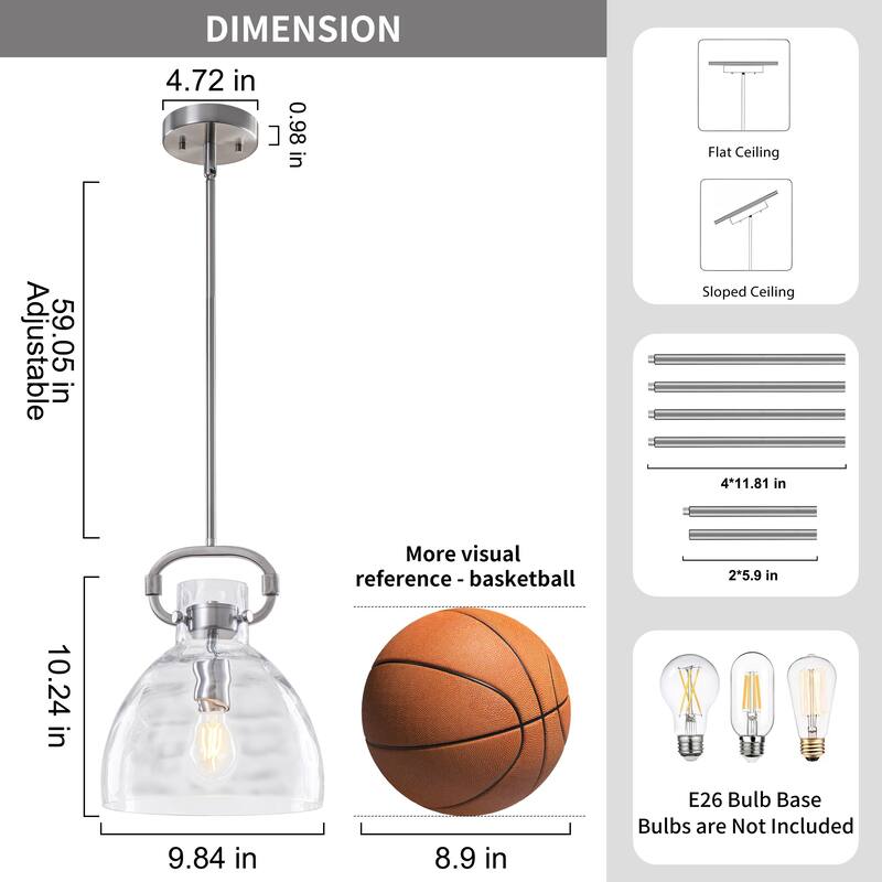 Skystar 1 - Light Single Pendant With Clear Hammered Glass Shade