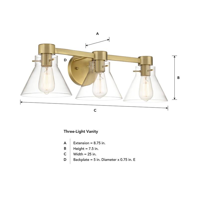Willow Creek 25 in. 3-Light Brushed Gold Contemporary Vanity Light with Clear Blown Glass Shades
