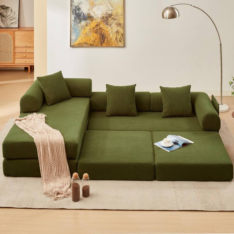 107'' L-Shaped 7-in-1 Corduroy Modular Sectional Sofa Bed, 4-Seat, Green