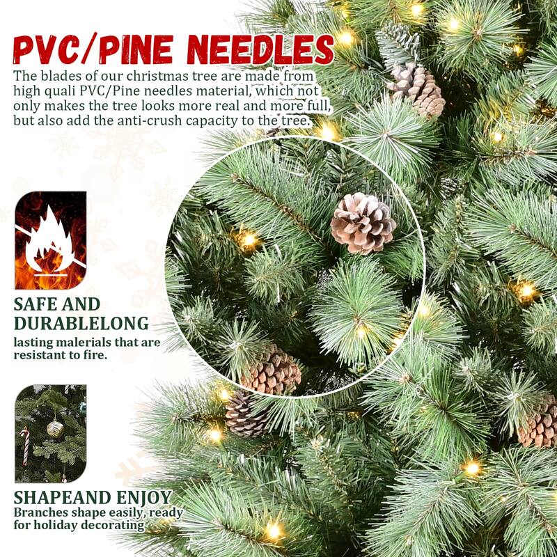 5FT Christmas Tree with 200 Warm White LED Lights-694 PVC & Hard Needle Tips, 51 Pine Cones,Hinged Branch Design