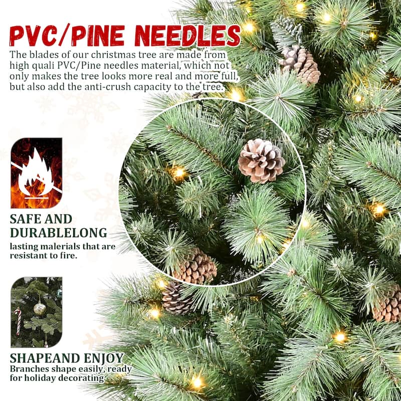 6FT Christmas Tree with 300 Warm White LED Lights-988 PVC & Hard Needle Tips, 66 Pine Cones,Hinged Branch Design
