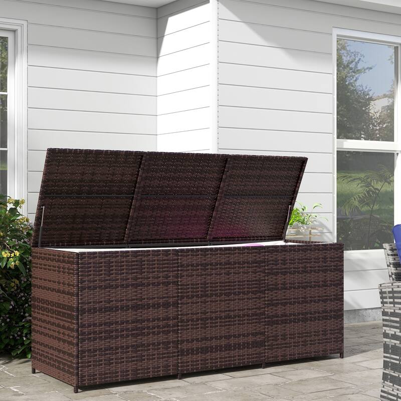 Outsunny Outdoor Storage Box with Inner Liner, PE Rattan Wicker Deck Box with Pneumatic Bar Lift - Brown