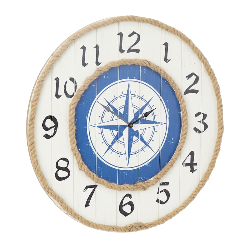 Wooden Compass Wall Clock with Rope Accents - Blue - Roche River Decor