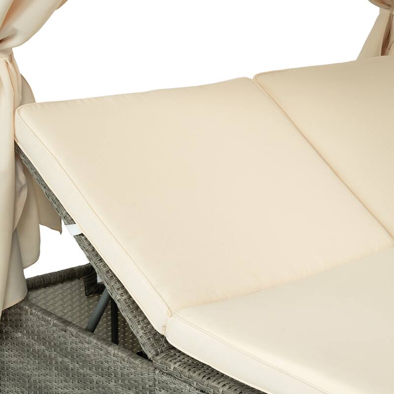 Outdoor Patio Rattan Canopy Daybed Sunbed with Curtain and Adjustable Seat