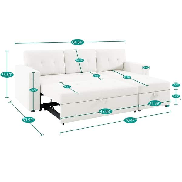 dimension image slide 1 of 3, Modern Reversible Convertible Sleeper Sectional Sofa Bed - L-Shape with Storage Chaise, Wide Armrest and Durable Legs