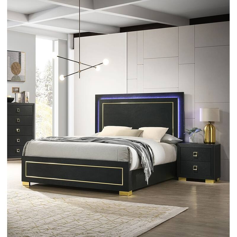 Queen Size Engineered Wood Platform Bed Set with LED Headboard and Gold Accent Legs - 3pc Contemporary Furniture