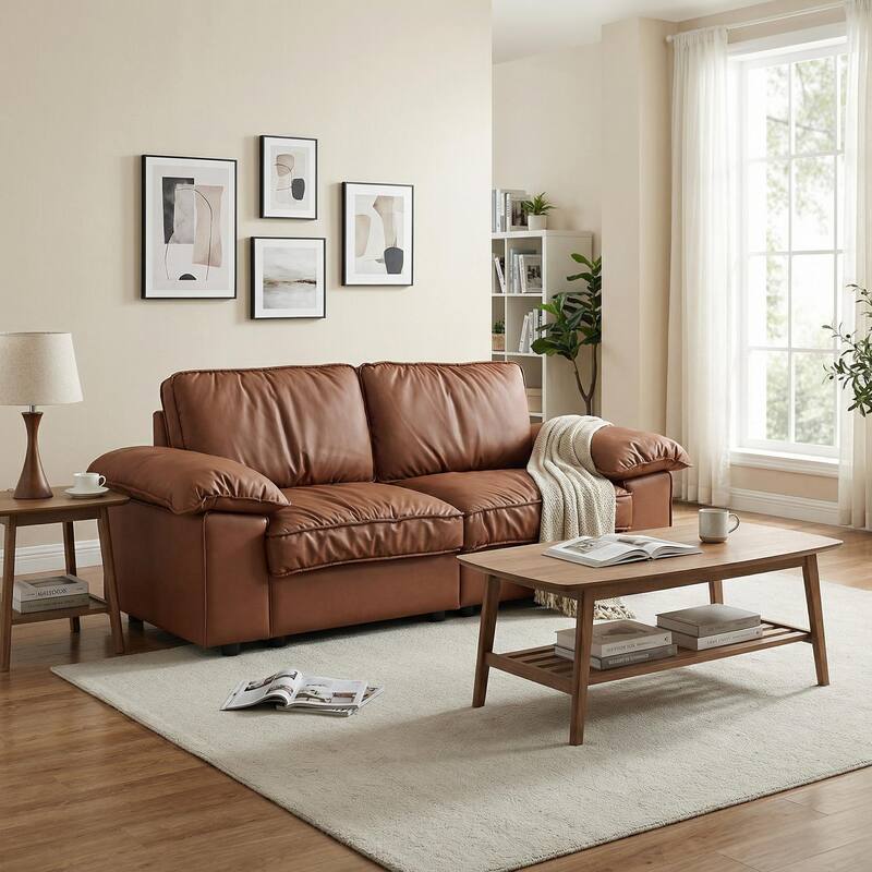 Roomfitters Modern Overstuffed Upholstered Loveseat with Padded Pillow Arms, Comfortable 2 Seater Couch for Living Room