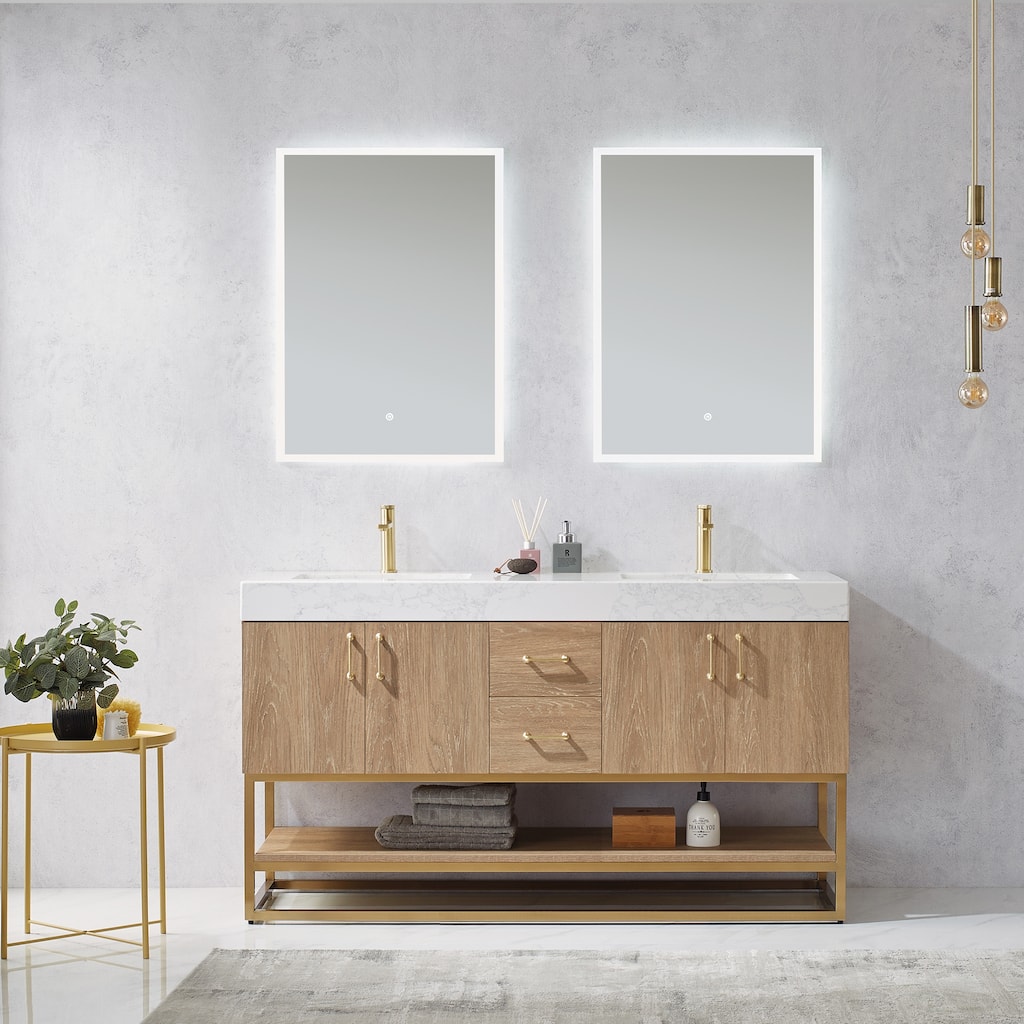 Alistair 60" Double Vanity with White Grain Stone Top without Mirror
