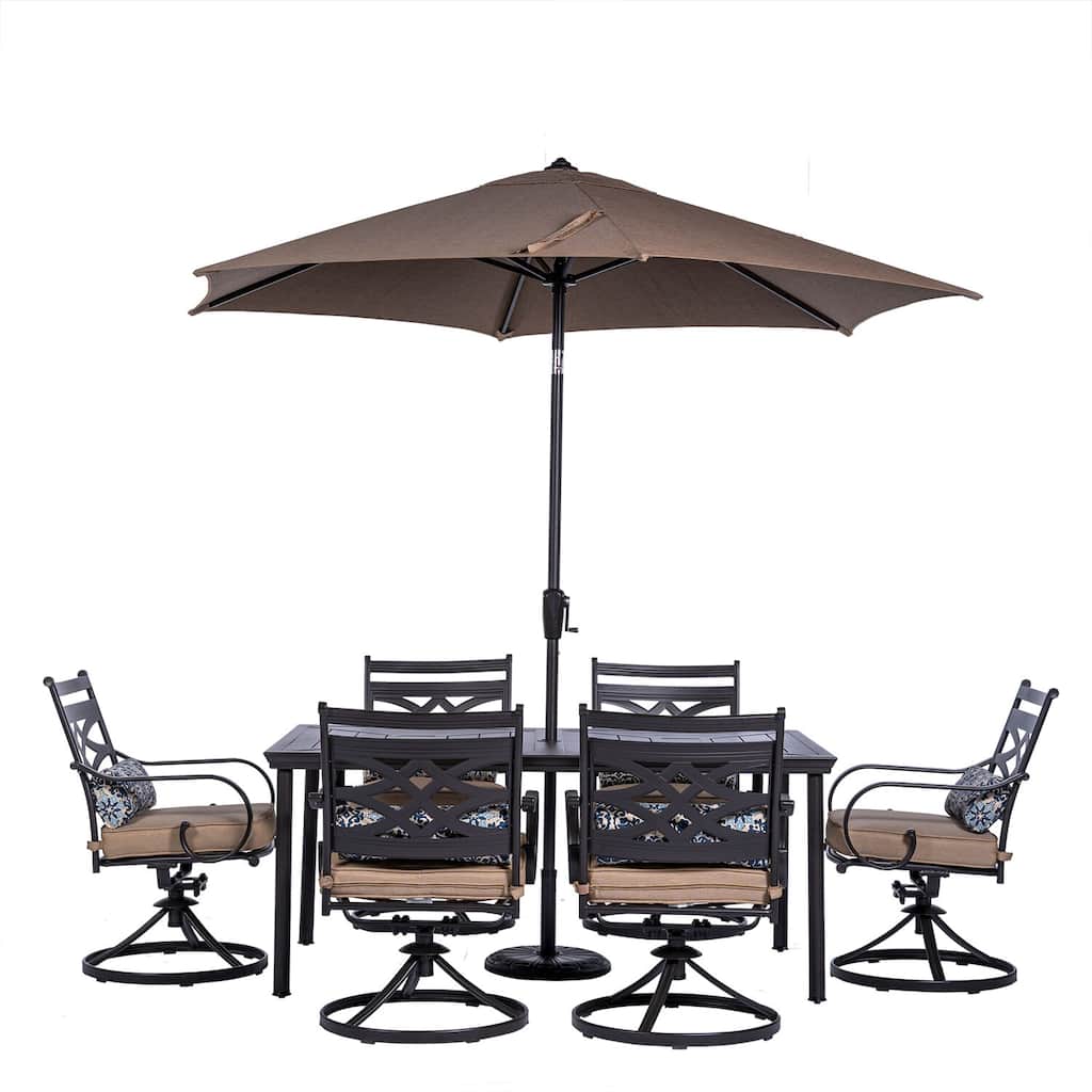 Hanover Montclair 7-Piece Dining Set in Tan with 6 Swivel Rockers, 40-In. x 66-In. Dining Table and 9-Ft. Umbrella
