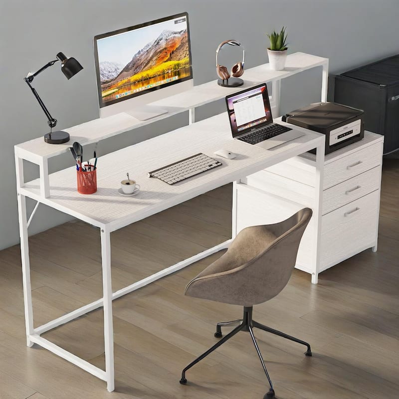 Ergonomic Computer Desk with Elevated Monitor Stand Two Tier Desktop and File Cabinet Sturdy