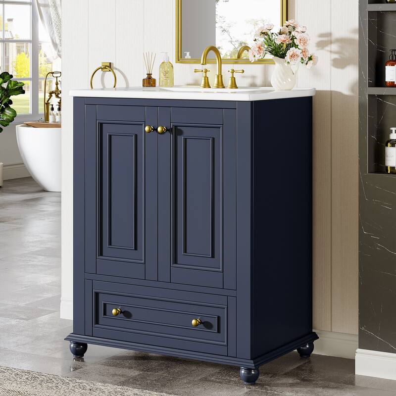 Solid Wood Modern Bathroom Vanity with Ceramic Sink, Adjustable Shelf Storage