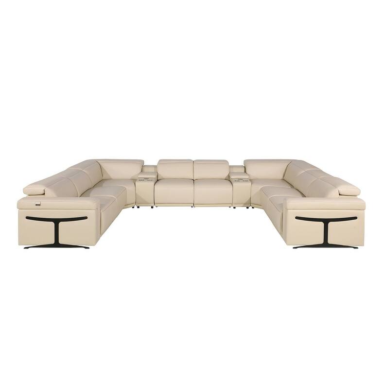 HomeRoots Beige Italian Leather Power Reclining U Shaped Ten Piece Corner Sectional With Console