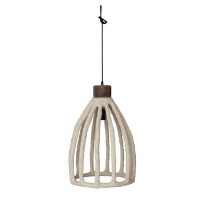 Handmade Paper Mache, Mango Wood and Metal Pendant Lamp - 15.0"L x 15.0"W x 21.5"H