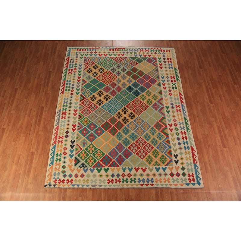 Geometric Trellis Kilim Oriental Rug Hand-Woven Tribal Wool Carpet - 8'9"x 11'4"