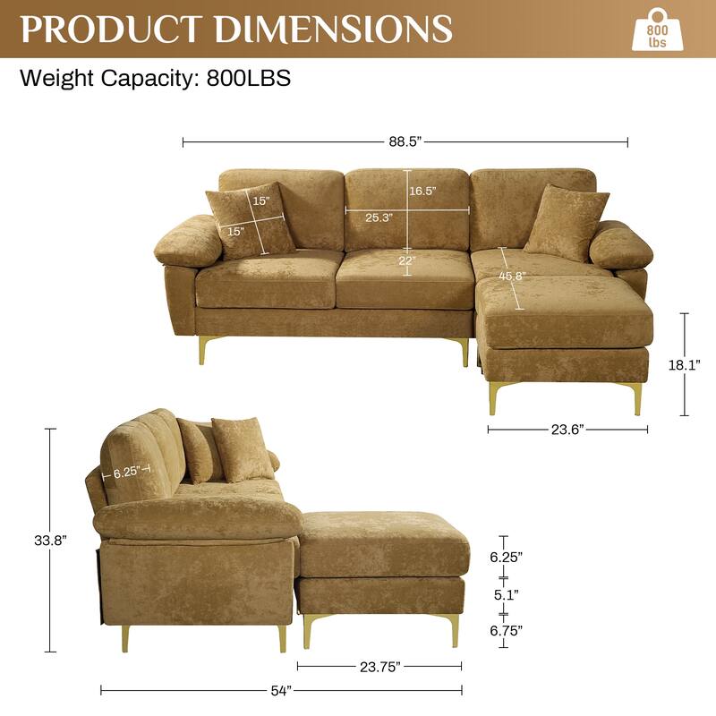 Ouyessir 2-Pieces Upholstered Velvet Sectional Sofa with 2 Pillows & Ottoman