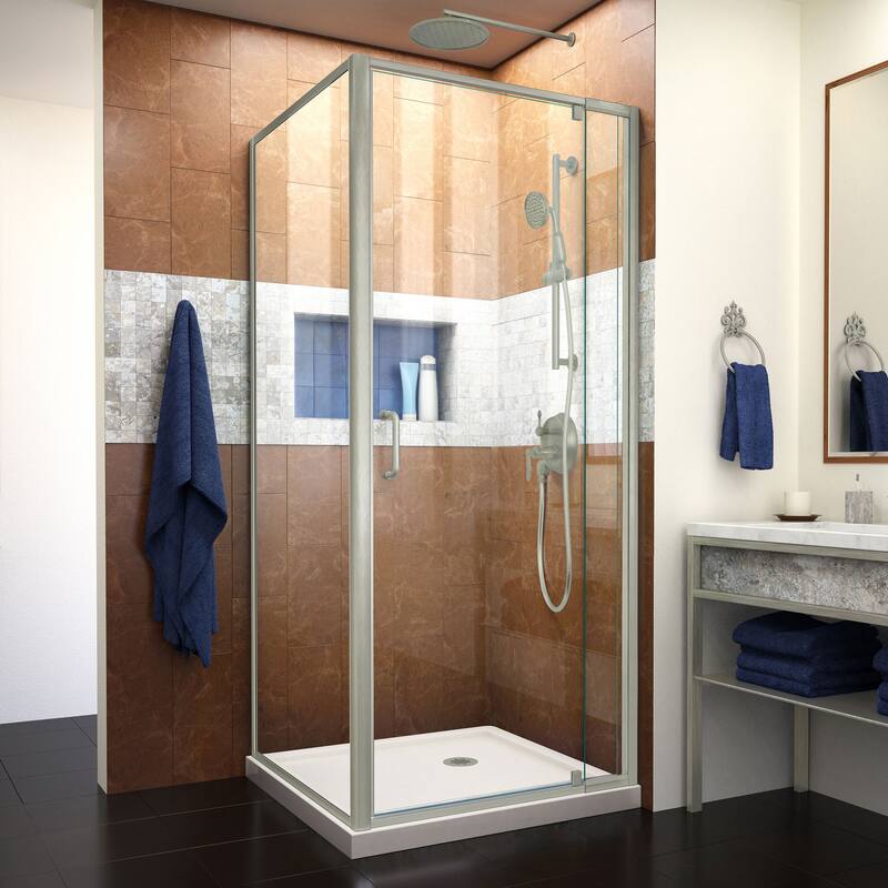 DreamLine Flex 32 in. D x 32 in. W x 74 3/4 in. H Pivot Shower Enclosure and Shower Base Kit - 32" x 32" - 32" x 32" - Biscuit Base Brushed Nickel
